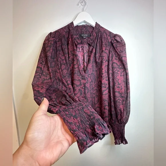 ALLSAINTS Leonie Stanza Shirt in Burgundy Red Python Sheer Print US Size 6 - Picture 11 of 17